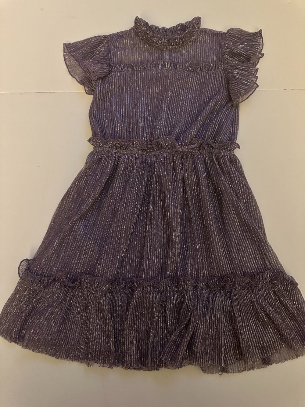 BCBG Girls' Tiered Peasant Style Dress Sz 7 purple with ruffled sleeves sparkle